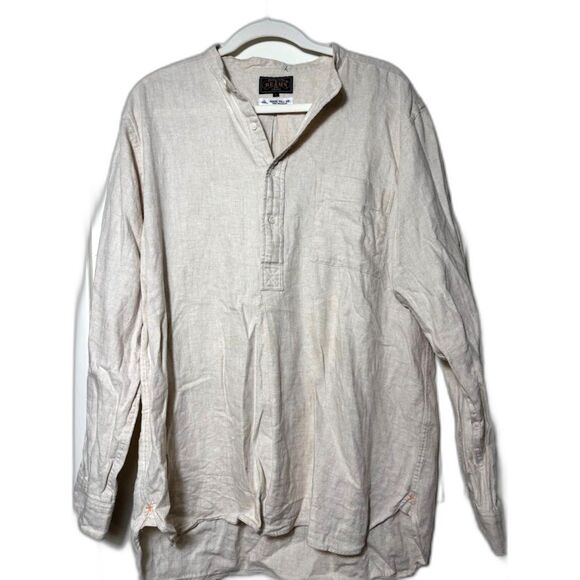 Beams Plus Band collar popover shirt natural cotton/linen herringbone sz Large - Picture 2 of 6